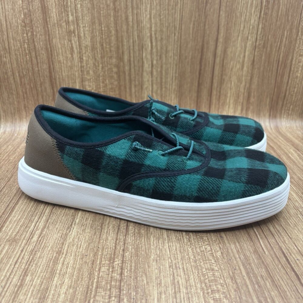 Hey Dude Mens Slip On Sneaker Shoe Conway Buffalo Plaid Green Casual Size 10 NEW